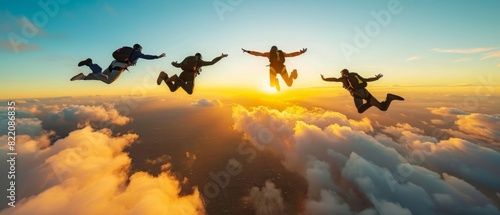 Group of skydivers free falling at sunset above clouds.