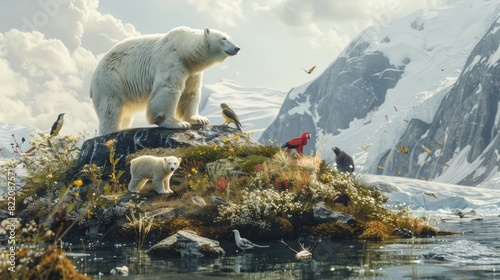 A series of photographs showcasing wildlife from polar, tropical, and temperate regions, including polar bears, tropical parrots, and temperate deer, highlighting the rich