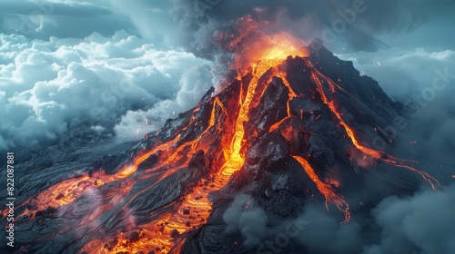 An aerial view of a volcanic eruption, with lava flowing down the slopes of the volcano and smoke billowing into the sky, illustrating the volatile nature of volcanic