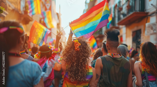 A vibrant parade with participants waving rainbow flags and wearing colorful outfits, celebrating LGBTQ Pride Month on a sunny city street