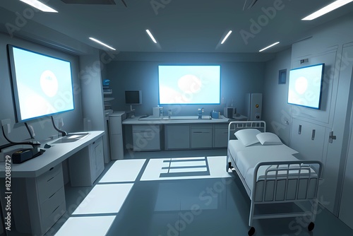 ゲーム背景風モニターと最新機器のある清潔な病院診察室 