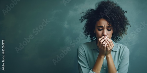 Mint background sad black independent powerful Woman. Portrait of young beautiful bad mood expression girl Isolated on Background racism skin color depression anxiety fear burn out 