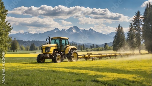 A yellow tractor is cultivating a grassy field, with a large tree to the left and mountains in the distance.