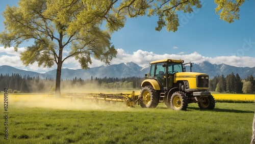 A yellow tractor is cultivating a grassy field, with a large tree to the left and mountains in the distance.
