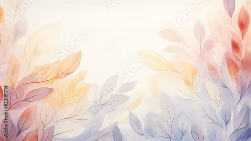 Colorful autumn leaves in pastel, watercolor-style background postcard