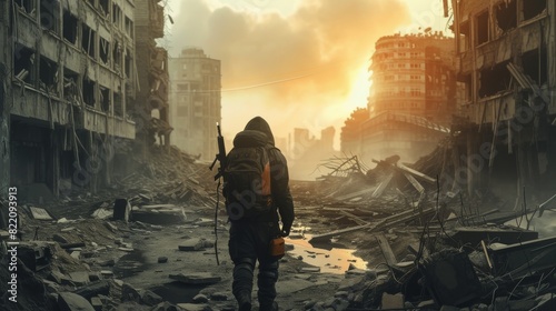 A lone survivor with a backpack traverses a devastated urban landscape at sunrise, highlighting themes of survival and desolation.