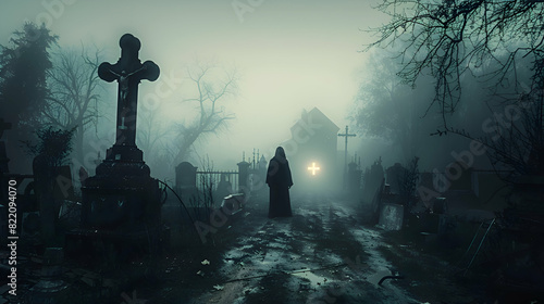 A vampire emerging from a coffin in a foggy graveyard on Halloween night