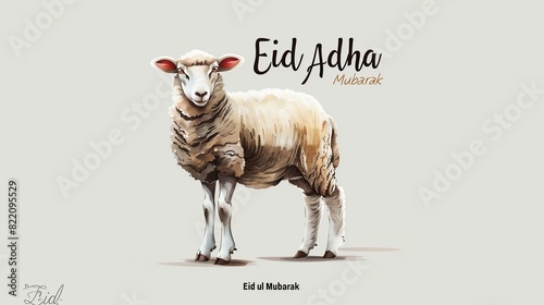 Eid ul Adha Mubarak calligraphy featuring a majestic lamb, minimalist design, clean white background, perfect for greetings, ample text space