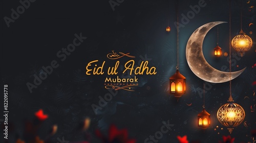 Eid ul Adha Mubarak calligraphy with a crescent moon and lanterns, simple yet festive, dark backdrop, ample text space