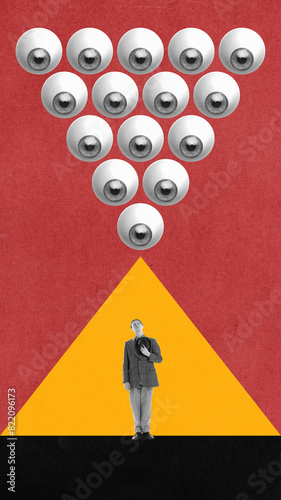 Pyramid of eyes focused on man, illustrating control through constant observation. No freedom. Contemporary art collage. Concept of propaganda, information, social pressure, news. Creative design
