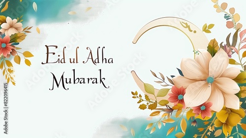 Elegant Eid ul Adha Mubarak with crescent moon and floral elements, minimalist design, ample text space