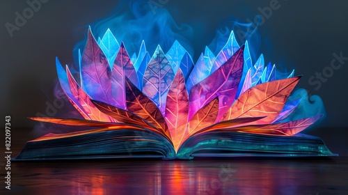(Style popup book, geometric, glowing neon, colorful frequencies:) A geometric jungle illuminated by neon lights, alive with vibrant fauna and flora.