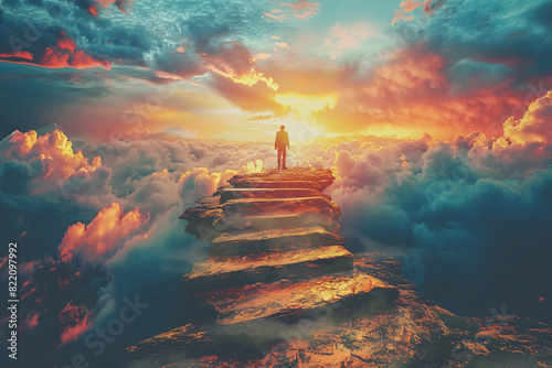Personal development and spiritual enlightenment concept, a person ascending to a point above the clouds, looking at the sun
