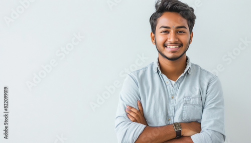 happy Handsome indian man wearing casual , standing with his arms crossed and smiling