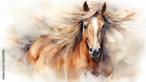 Bay horse with a thick mane splashed with watercolor paints