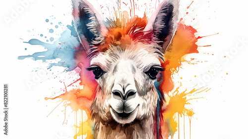 Furry lama is a wild animal in colorful bright colorful watercolor splashes with a cheerful look