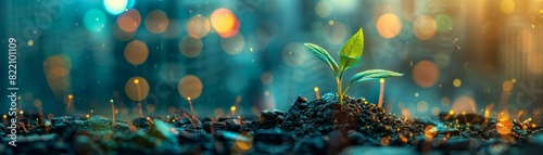 Close-up of a young plant sprouting in rich soil under gentle rain with colorful bokeh lights in the background symbolizing growth and renewal.