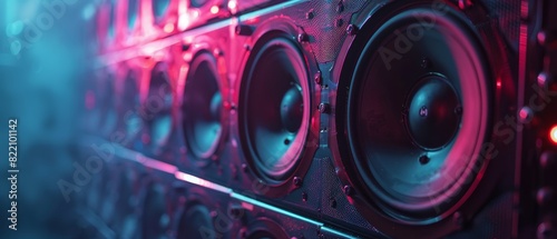 Close-up of powerful loudspeakers with vibrant blue and pink lighting, perfect for music, sound engineering, and audio technology themes.