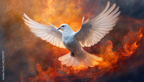 white dove, symbolizing the Holy Spirit, flies through the air amidst flames, set against a fiery red and orange background, representing purity, divine presence, and spiritual transformation