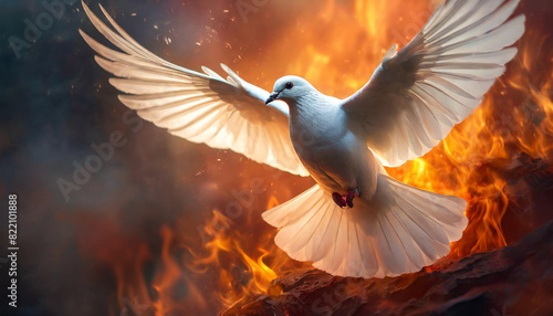 white dove, symbolizing the Holy Spirit, flies through the air amidst flames, set against a fiery red and orange background, representing purity, divine presence, and spiritual transformation