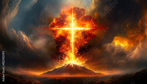dramatic fiery explosion erupts from a Christian cross set amidst clouds in the heavens, symbolizing the powerful and divine act of creation described in Genesis 1:1