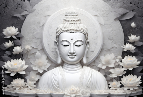 Sculpture of white buddha with leaf