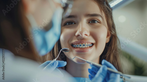 Woman with dental braces cleaning teeth