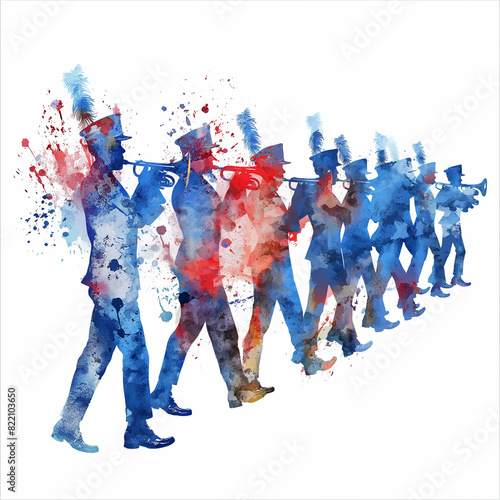 Watercolor Marching Band, Silhouette Style, Red White and Blue Colors, Celebration and Parade Theme