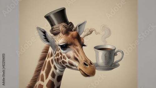 A giraffe wearing a monocle and top hat, sipping from a tiny coffee cup with pinky finger extended