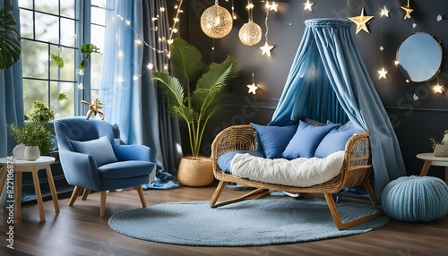 Room decoration for baby boy with blue colour bed and sofas