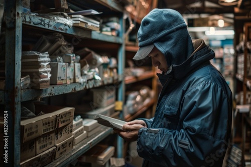 Manual worker with warm clothes working in warehouse