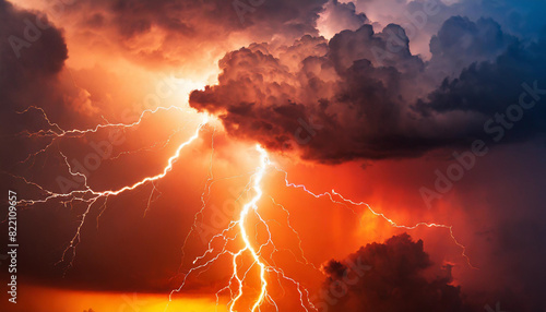 Dramatic sky with intense red-orange hues, lightning, and thunderstorm symbolize divine wrath and nature's fury, conveying anger and power in a visually striking scene