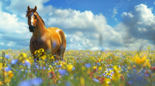 Brown horse in a summer meadow for nature or equine themed designs