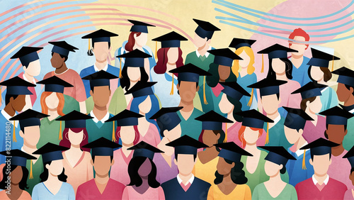 colorful vector illustration of faceless graduated college students, graduation celebration