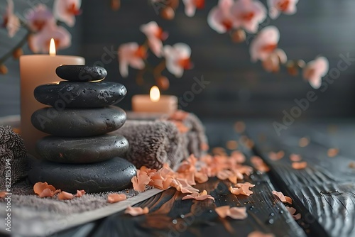 a tranquil spa scene with a warm ambiance, a stack of smooth black Zen stones atop a fluffy, grey towel.