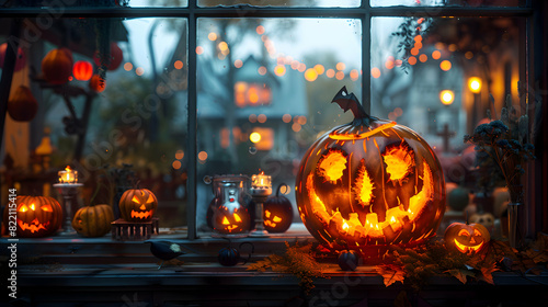 Halloween window decorations, including glowing pumpkins and creepy silhouettes