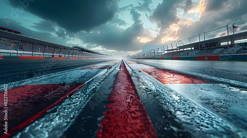 a race track moments before the start of a high-speed race, with dynamic skies