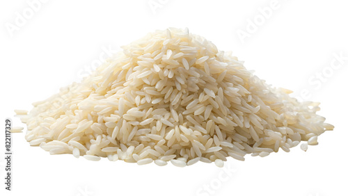 A close-up photo of a heap of dry white rice grains, a common food ingredient
