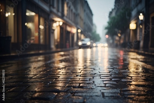 A damp city street captured at dusk with glowing street lights and the reflection of storefronts in the wet pavement