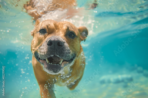 Happy dog swimming underwater