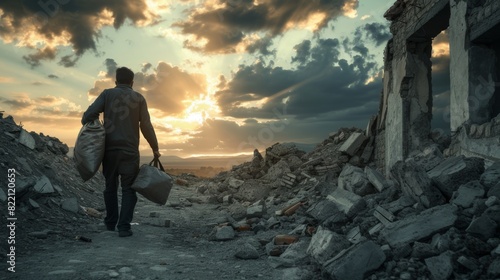 A solemn image capturing a man walking through a devastated urban landscape at sunset, carrying bags filled with belongings.