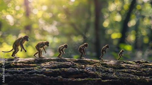 a group of monkeys walking across a forest