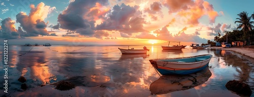 panoramic view of sunset at the shore with boats in la tante anse, beautiful colors, high resolution, landscape photo, super quality, hyper realistic, high contrast in the style of M_vectors