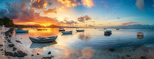 panoramic view of sunset on the coast with boats in Mauritius island, colorful sky, in the style of mauritius island