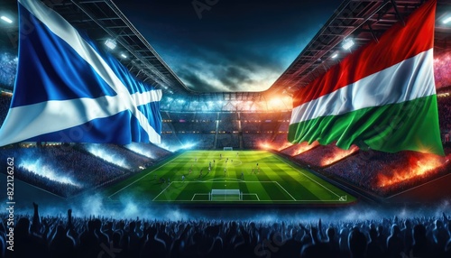 Scotland vs Hungary football match, country flags and stadium, UEFA Euro 2024, UEFA European Football Championship 2024, 3nd round, 3nd group stage