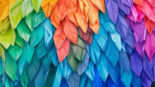 A colorful background made of origami paper, each leaf is folded in the shape of an owl's wing and overlapping to create depth. The colors include vibrant blues, greens, purples, oranges, reds,AI