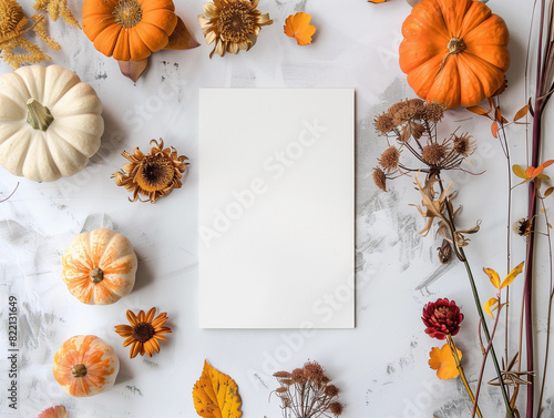 Flatlay of Halloween blank white paper greeting card menu invitation rsvp POD mock up pumpkin fall leaf marble backdrop for natural earthy boho fall background empty cardstock note invite above view