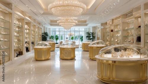 The image shows the interior of a jewelry store. There are glass display cases with jewelry, chandeliers, and marble floors.