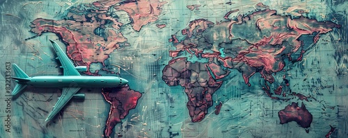 Airplane flying over a world map, symbolizing global travel and exploration