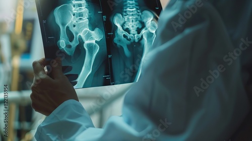 Doctor holding and looking patient bone x-ray film before surgery. MRI and CT scan examining at radiology orthopedic unit in hospital. Knee joint ...